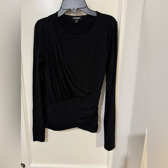 Express Black Asymmetrical Ruched Long Sleeve Blouse - Picture 6 of 7